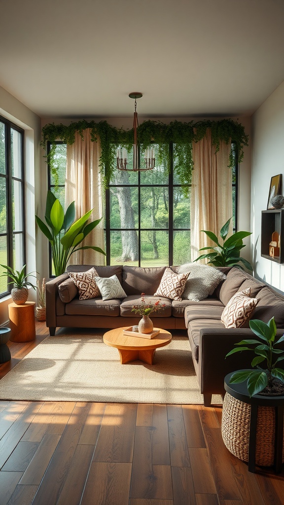 A cozy living room featuring a dark brown sofa, lush greenery, and large windows.