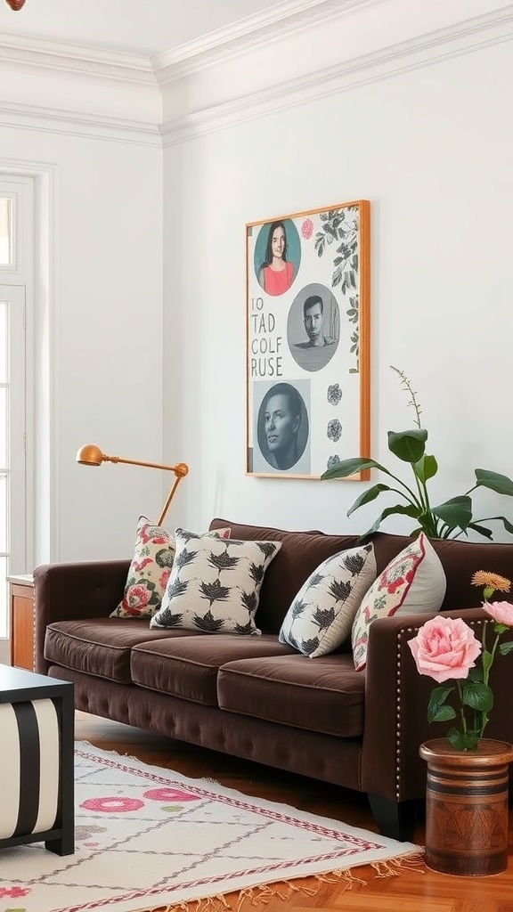 Living room featuring a dark brown sofa with a mix of floral and striped cushions, a vibrant artwork on the wall, and a stylish coffee table.