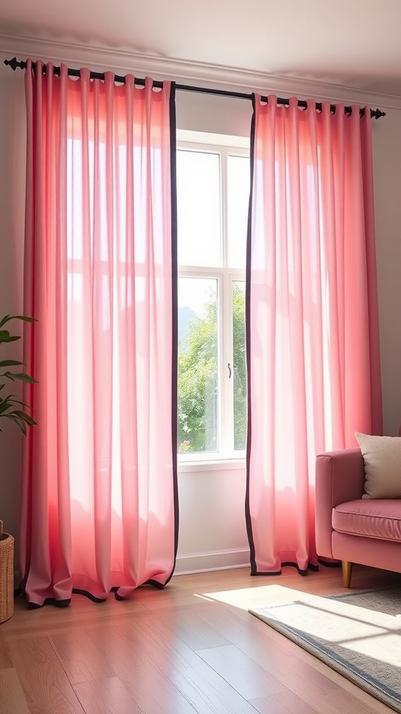 Living room featuring elegant pink curtains with black trim framing a window.