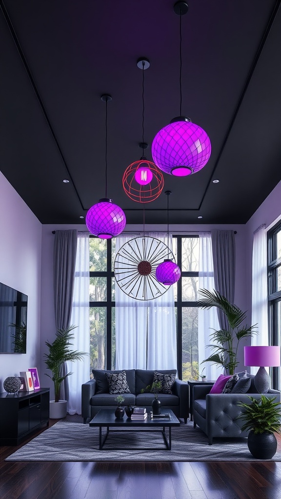 A stylish living room featuring elegant purple lighting fixtures, dark furniture, and large windows