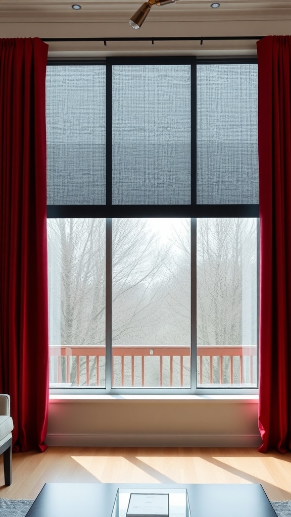 Living room with elegant red drapes and black blinds framing large windows