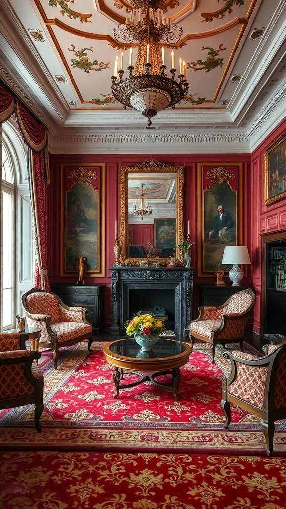 Traditional living room with Regency styling featuring red walls, a chandelier, elegant chairs, and a decorative rug.