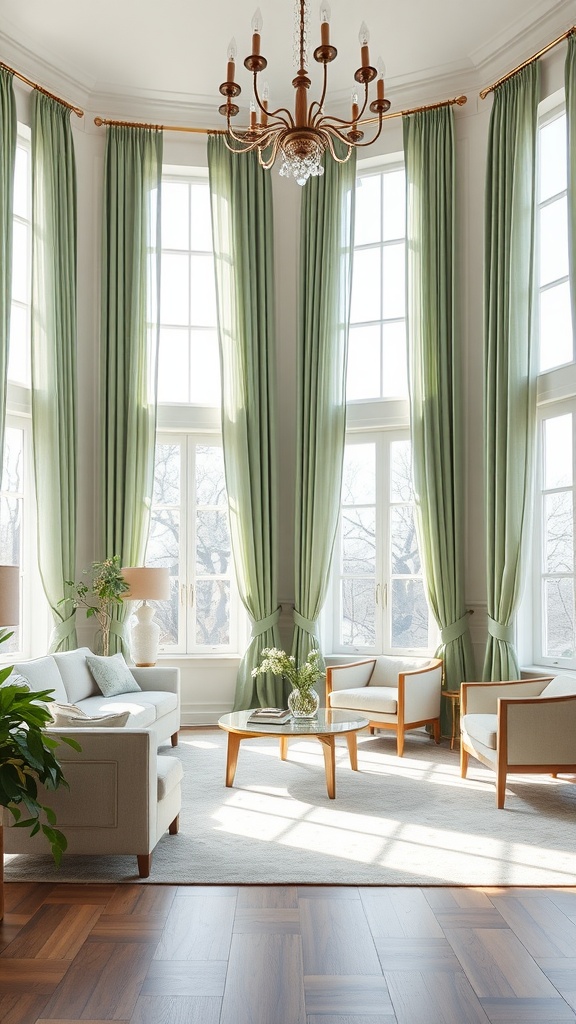 A bright living room featuring elegant sage green curtains, large windows, and light furniture.