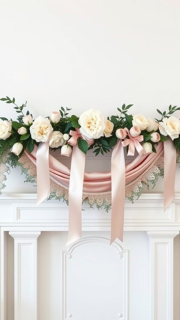 A beautiful garland made of satin ribbons, lace, and pastel flowers displayed on a mantle.