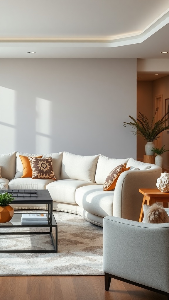 A well-arranged elegant sectional sofa in a large living room with decorative pillows and a coffee table.