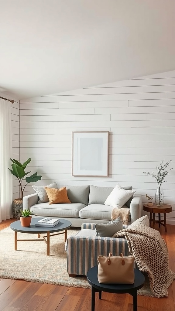 Cozy living room with light shiplap wall and comfortable furniture