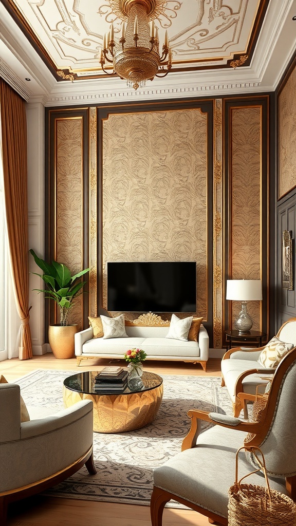 Elegant living room featuring silk wallpaper, plush seating, and golden accents.