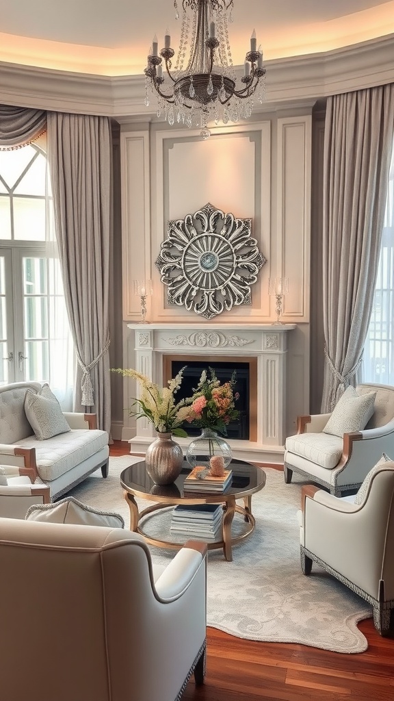 A stylish living room with elegant silver accents, featuring plush seating, a decorative mirror, and a chandelier.