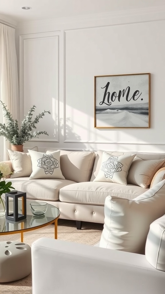 A cozy living room featuring silver and white decor with a plush sofa, elegant coffee table, and decorative pillows.