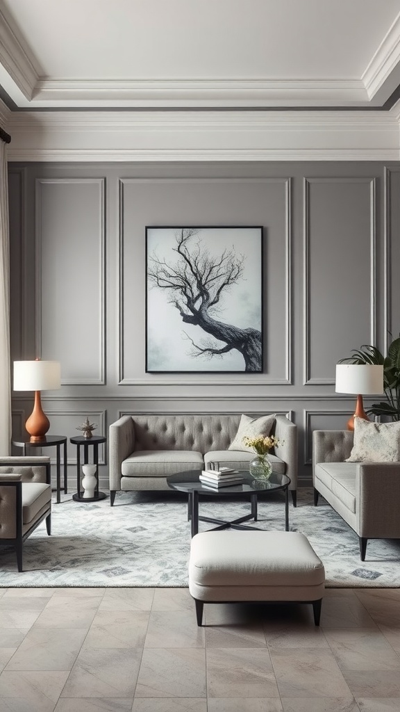 Elegant living room with silver gray walls, stylish furniture, and decorative elements.