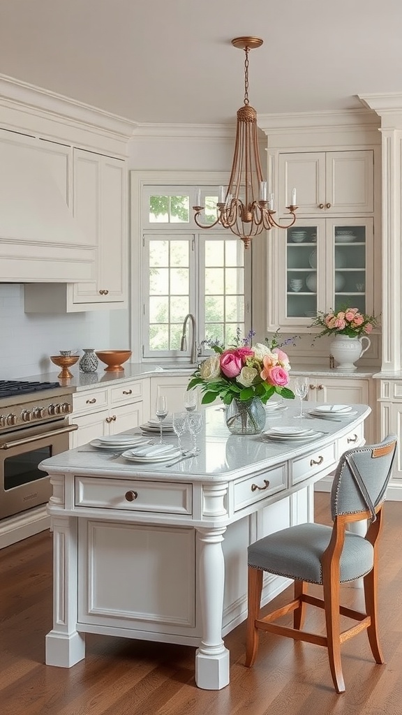 A spacious kitchen island with a floral centerpiece, elegant table settings, and a cozy atmosphere.