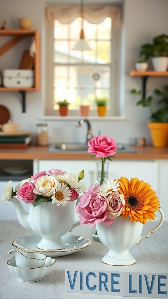 Teacup floral arrangement with roses, sunflowers, and daisies on a kitchen table