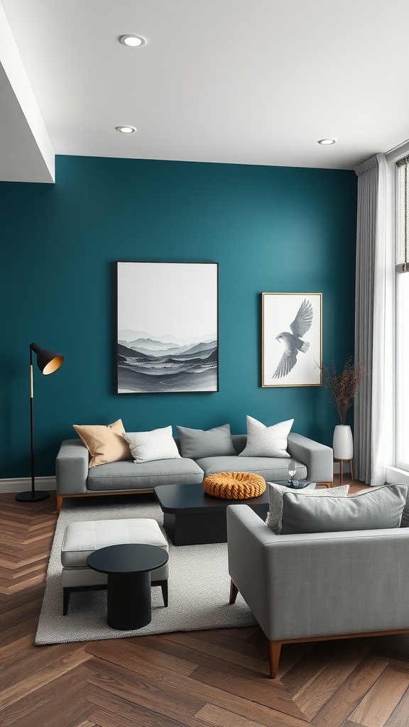 Modern living room with a teal accent wall, gray sofas, and stylish decor.