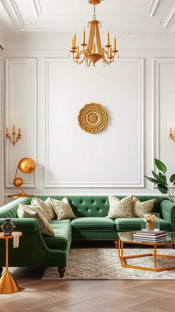 Living room featuring a green sofa with gold accents, elegant chandelier, and decorative pillows