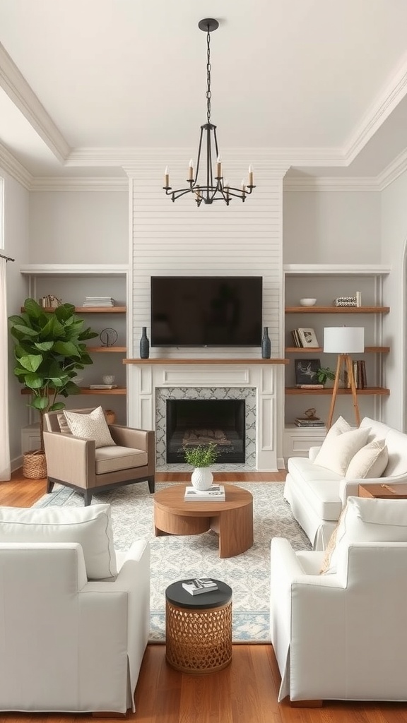 A cozy living room featuring white sofas, wooden accents, and a stylish chandelier.