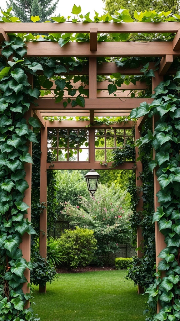 Wooden trellis adorned with climbing vines in a lush garden