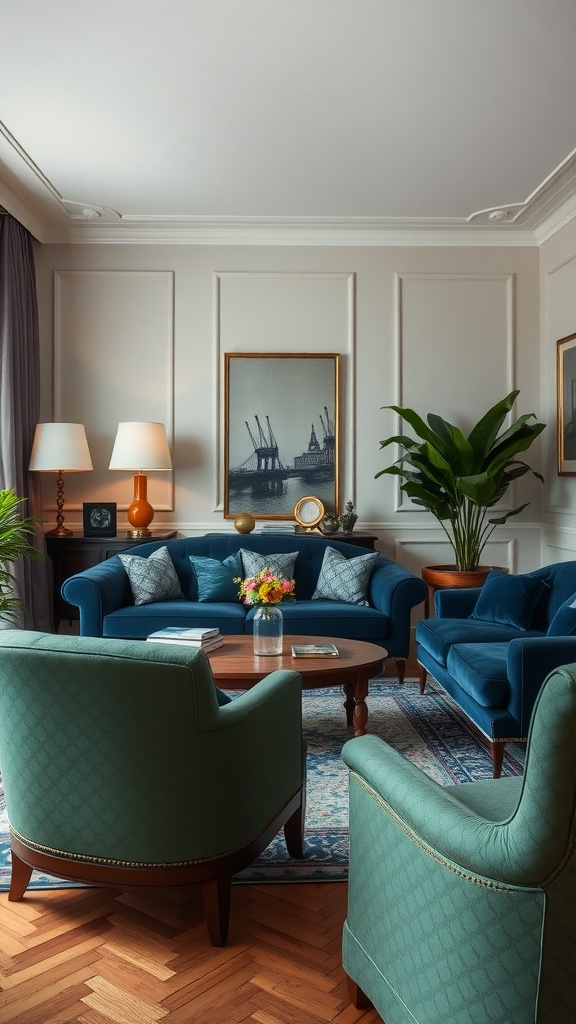 A stylish living room featuring blue and green upholstered furniture, a wooden coffee table, and decorative elements.