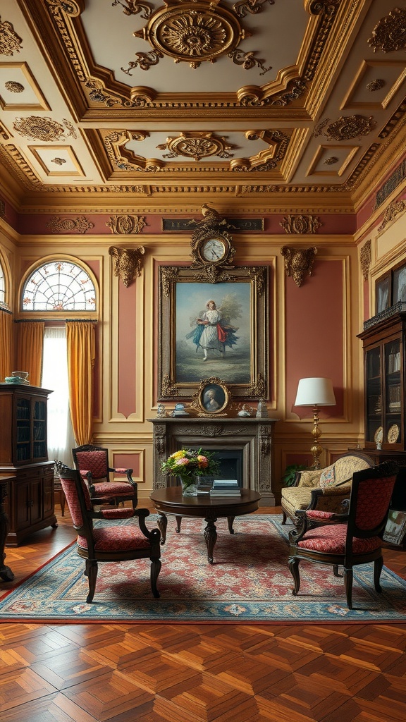 A Victorian style living room with ornate ceiling, elegant furniture, and rich colors.