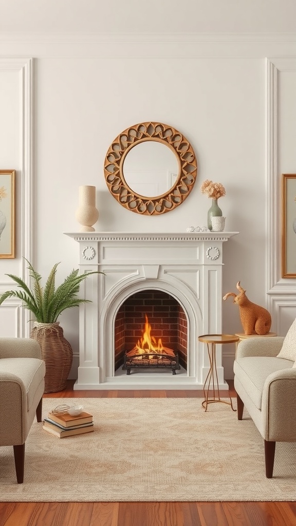 Living room with a white fireplace, beige surrounding, and cozy seating