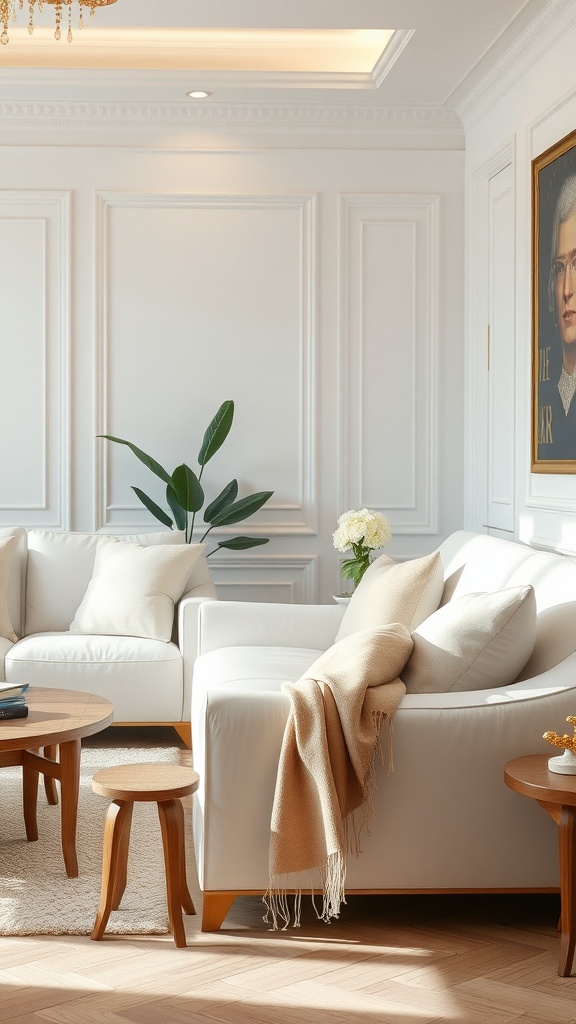 A bright living room featuring elegant white furniture, wooden accents, and a green plant.