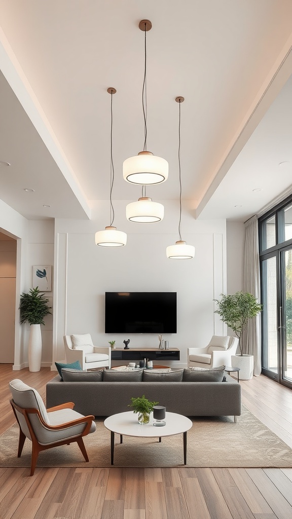 Elegant white lighting fixtures hanging in a modern living room with neutral colors