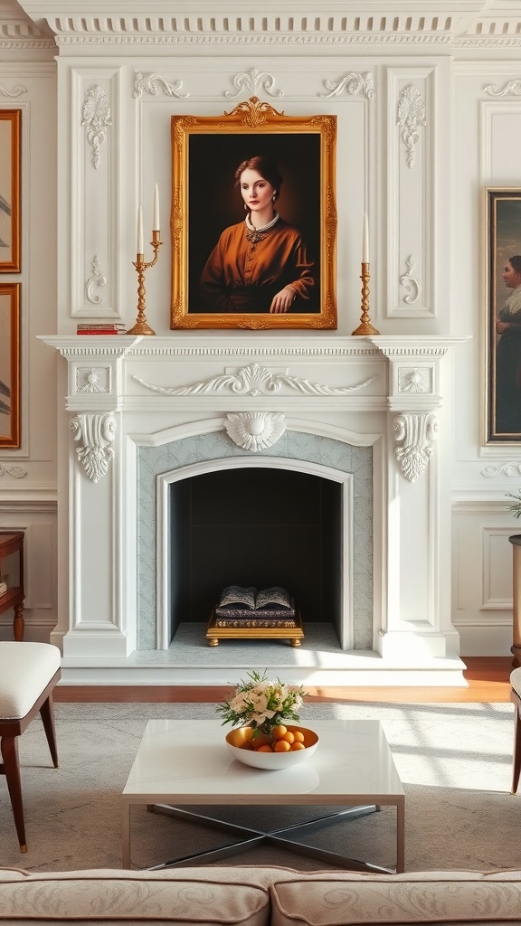 A white mantel with gold accents featuring a portrait and decorative elements.