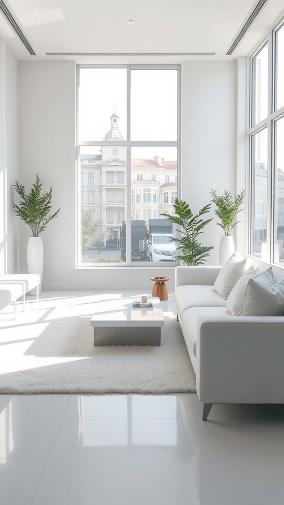 A minimalist living room featuring a white couch, a glass coffee table, and large windows with natural light.