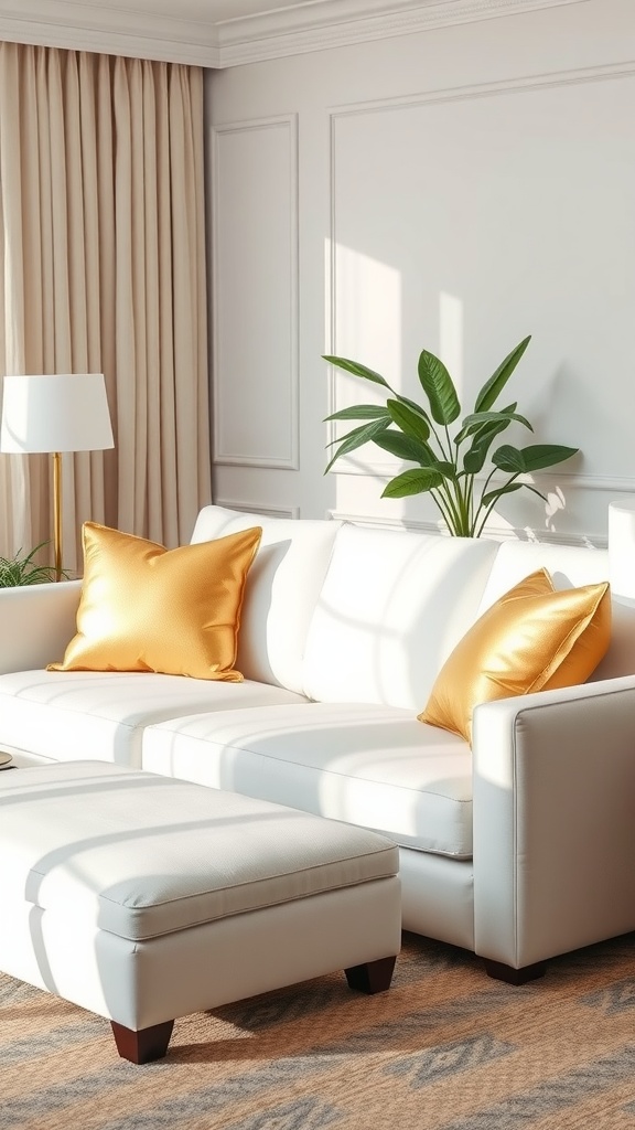 A bright living room featuring a white sofa with gold accent pillows, an ottoman, and a green plant.