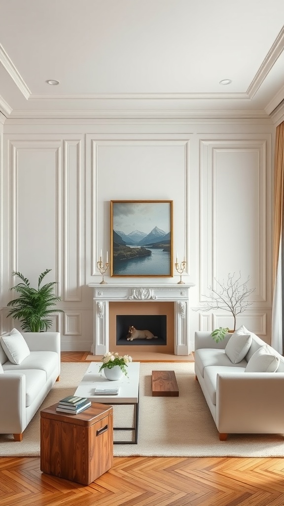 Living room with white walls and beige trim, featuring white sofas, a wooden side table, a fireplace with art above, and plants