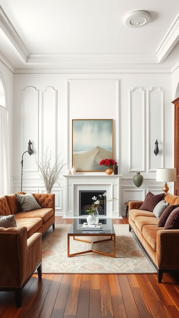 Living room with white walls and brown sofas, featuring a glass coffee table and decorative accents.