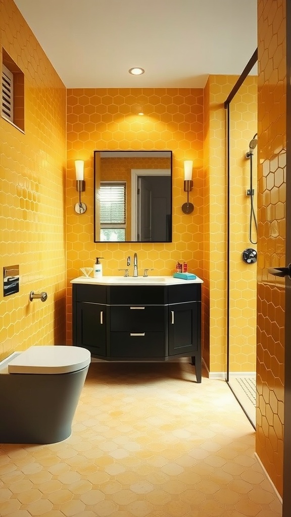 A stylish bathroom featuring yellow hexagon tiles on walls and floor, paired with a black vanity and modern fixtures.