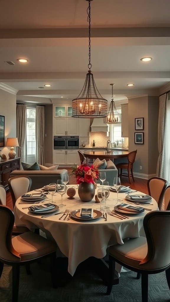 A beautifully set dining table in a cozy open-concept living room and kitchen area.