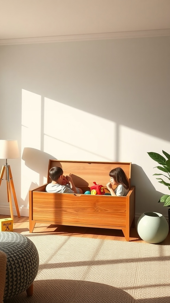 Children playing in an elevated wooden toy box in a bright living room