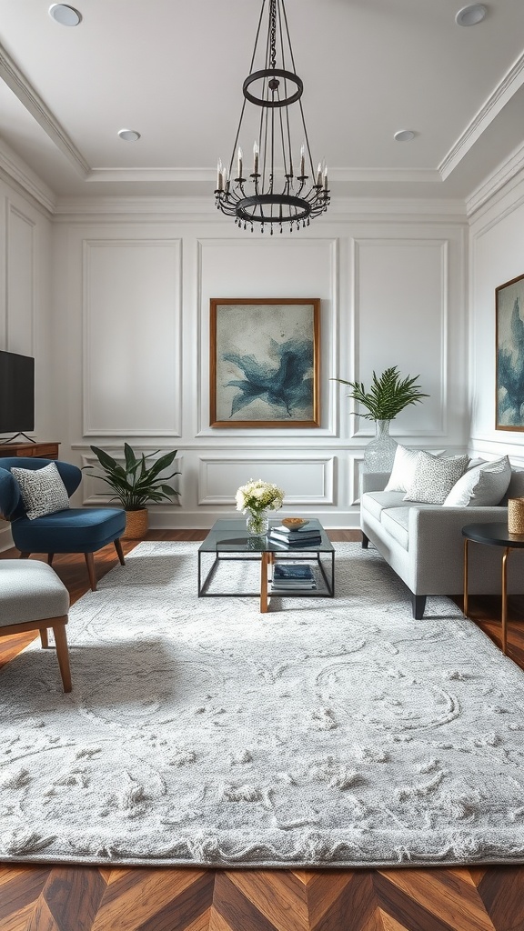 A stylish living room featuring an embellished silver rug, modern furniture, and elegant decor.