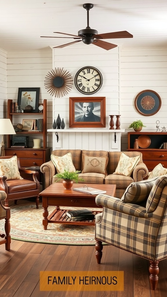 Cozy living room featuring family heirloom pieces with plaid furniture, framed portraits, and wood accents.