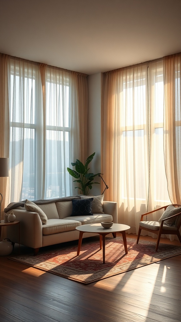 A small living room with sheer curtains allowing natural light to fill the space, featuring a cozy sofa, a coffee table, and a plant.