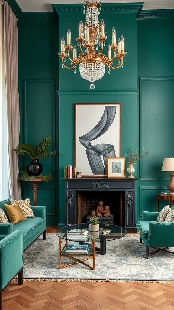 A stylish living room featuring an emerald green accent wall, elegant furniture, and a luxurious chandelier.