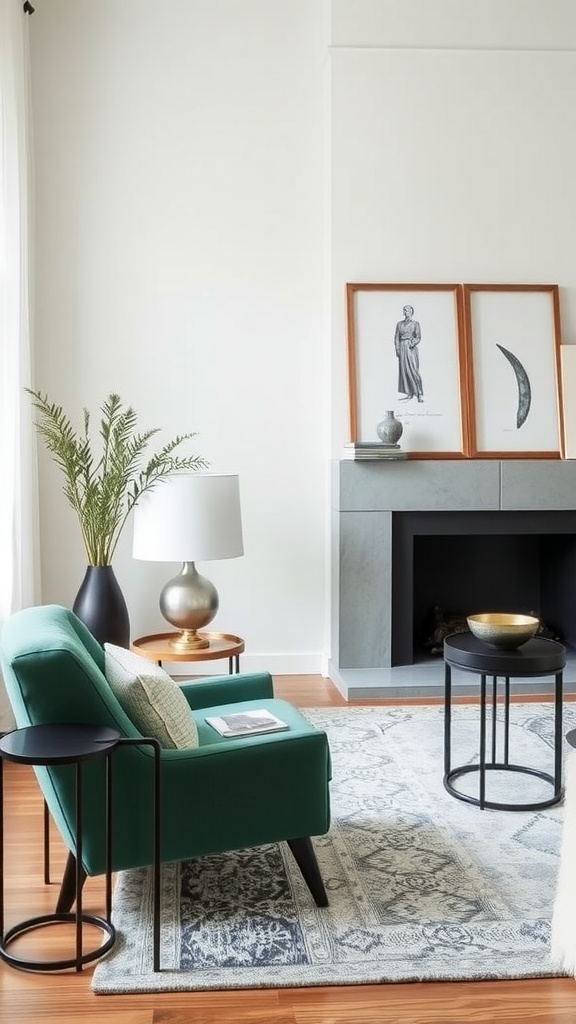 A stylish emerald green accent chair in a modern living room setting.