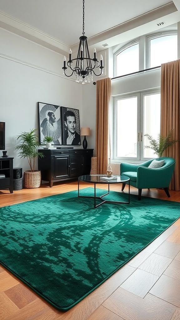 Living room featuring an emerald green area rug, black furniture, and large windows