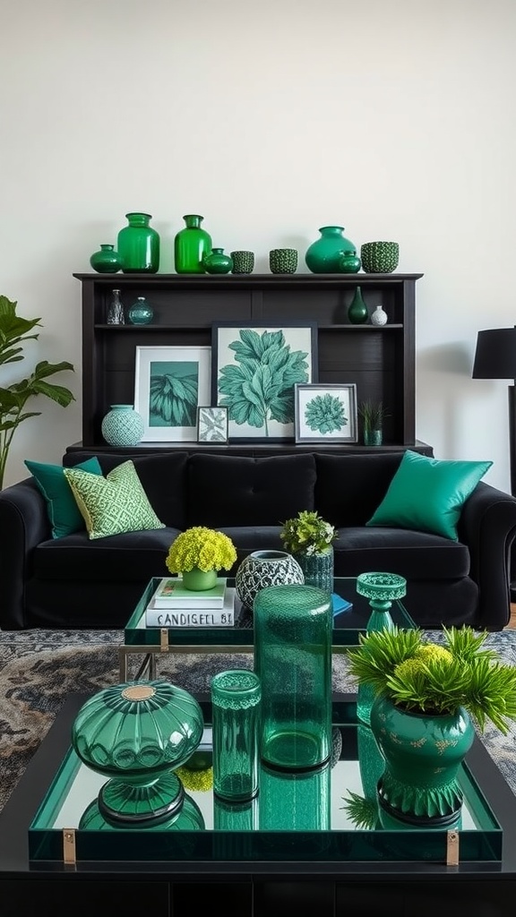 Living room with emerald green decorative accents, including vases and pillows, set against a black couch.