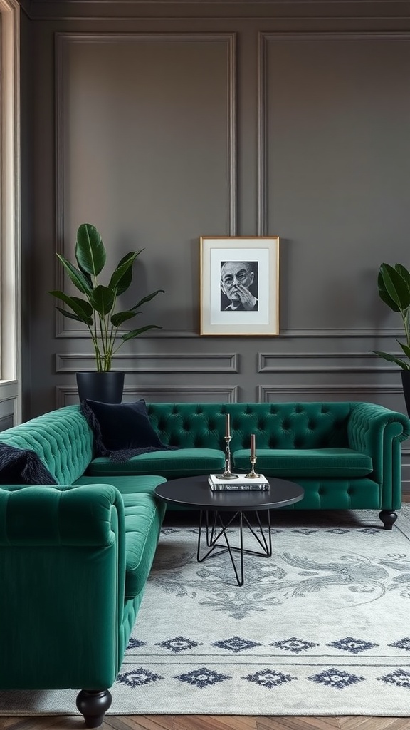 Emerald green velvet sofa in a stylish living room with dark gray walls and modern decor.