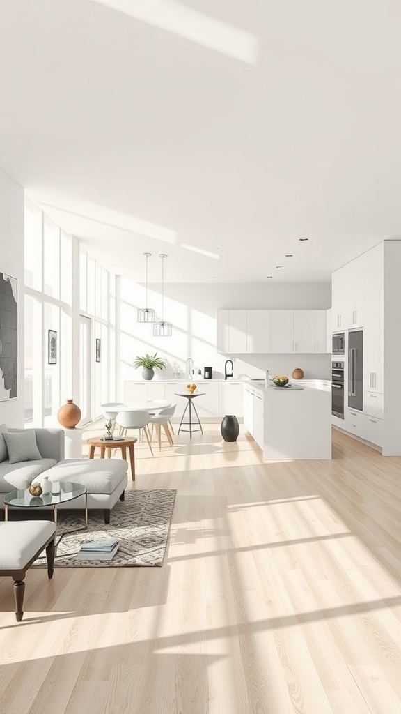 Open kitchen living room with a bright and airy design, featuring a cozy sofa and large windows.