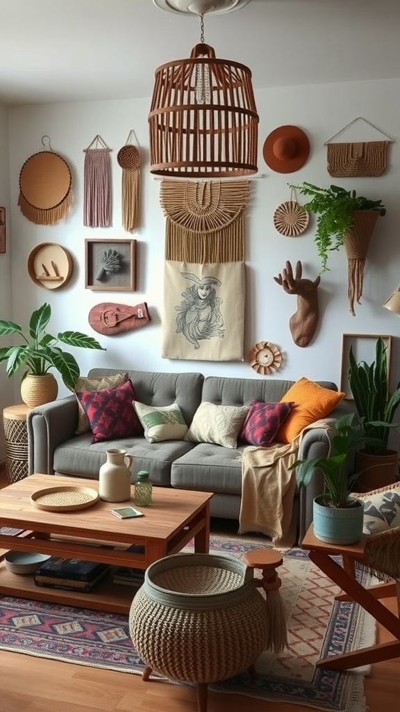 A cozy boho-style living room featuring handmade decor items like woven wall hangings, colorful throw pillows, and natural wood furniture.