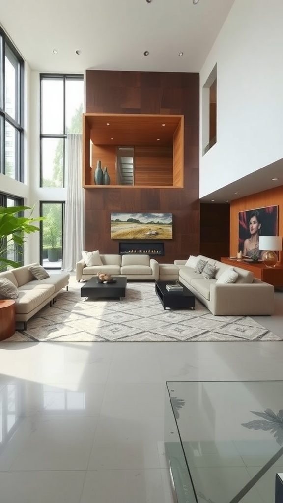 A spacious living room with large windows, modern furniture, and elegant decor.