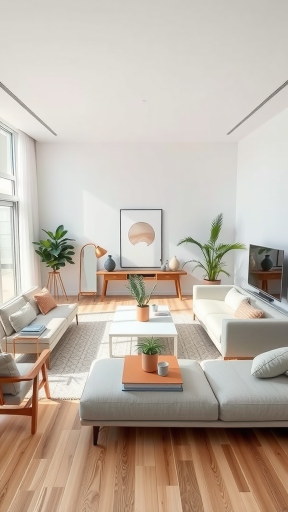 A minimalist open concept living room featuring light wood flooring, simple furniture, and plants.