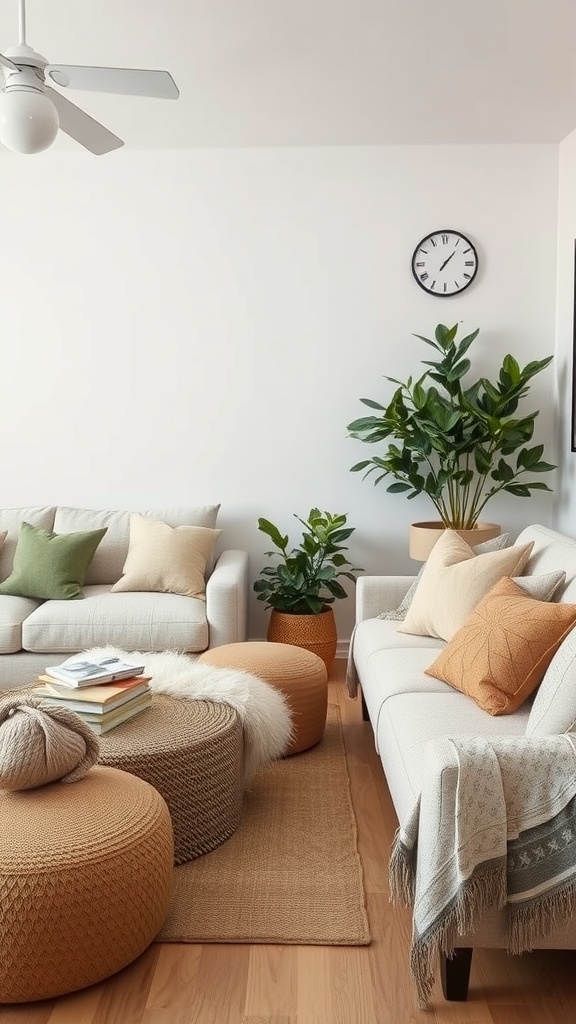 A modern western living room with soft furnishings, including cozy sofas, colorful pillows, poufs, and plants.