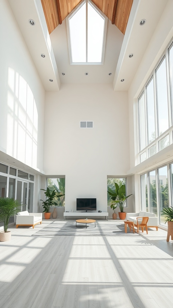 A bright living room with tall windows, high ceiling, and natural light