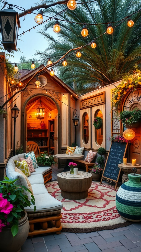 A cozy outdoor living room with warm lights, comfortable seating, and lush plants.