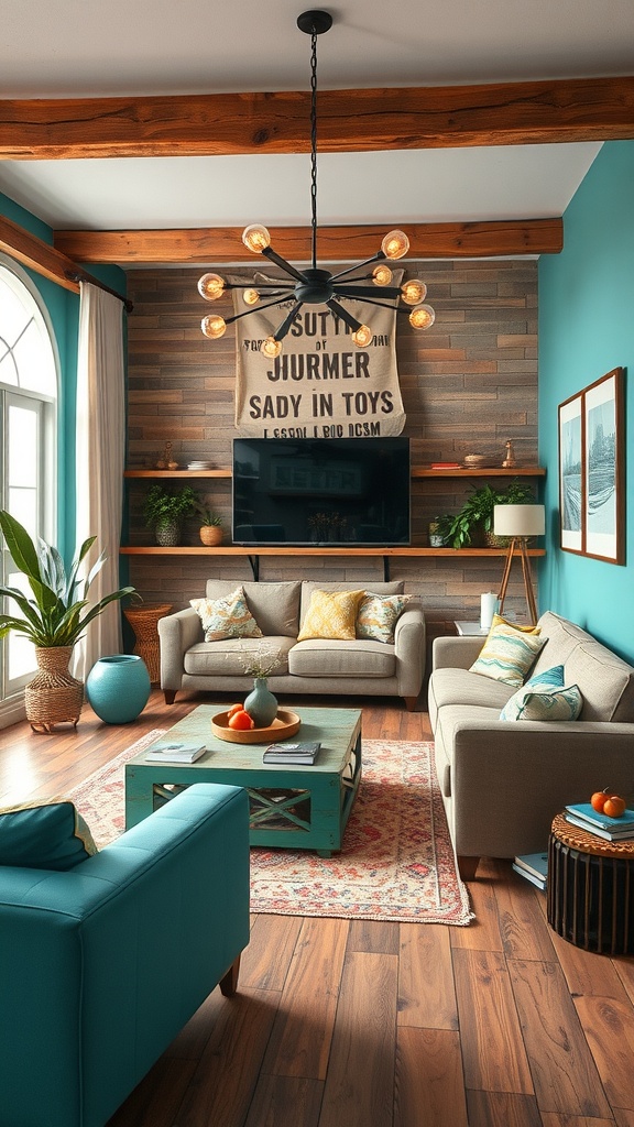 A vibrant living room featuring turquoise furniture and rustic brown accents, with wooden beams and decorative elements.