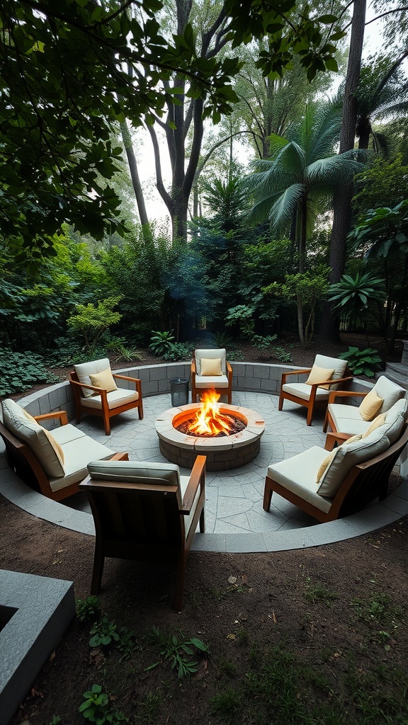 An outdoor conversation pit with a circular fire pit surrounded by comfortable chairs in a lush garden.